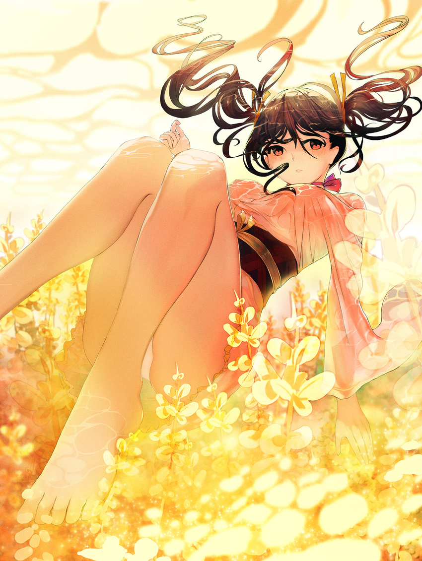 bad_id bad_pixiv_id barefoot blush breasts brown_hair caustics choker female floating_hair floral_print frilled_kimono frills from_below hair_between_eyes hair_ribbon highres japanese_clothes kimono koutetsujou_no_kabaneri long_hair long_sleeves looking_at_viewer medium_breasts muike mumei_(kabaneri) obi panties pantyshot parted_lips photoshop_(medium) pink_ribbon red_eyes revision ribbon ribbon_choker sash seaweed see-through short_kimono solo twintails underwater underwear white_panties wide_sleeves yellow_ribbon