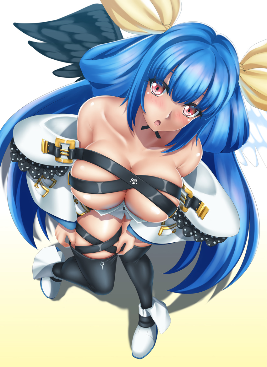 :o bare_shoulders black_thighhighs blue_hair breasts cleavage commentary_request dizzy_(guilty_gear) female from_above guilty_gear highres large_breasts long_hair parted_lips red_eyes revision simple_background solo tama_(tamakaka1031) thighhighs very_long_hair white_background