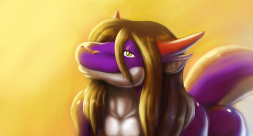 2014 anthro bent_over brown_hair dragon hair half-closed_eyes horn kalnareff kalnareff_(character) long_hair male mimic mythological_creature mythological_scalie mythology narrowed_eyes nude pupils purple_body purple_scales raised_tail scales scalie simple_background slit_pupils smile solo tail yellow_background yellow_eyes