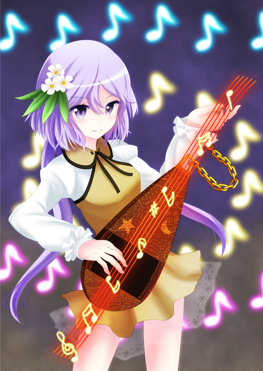 biwa_lute commentary_request female flower hair_flower hair_ornament highres instrument long_hair lute_(instrument) musical_note purple_hair revision solo touhou tsukumo_benben twintails yuyumi_(yuurei)