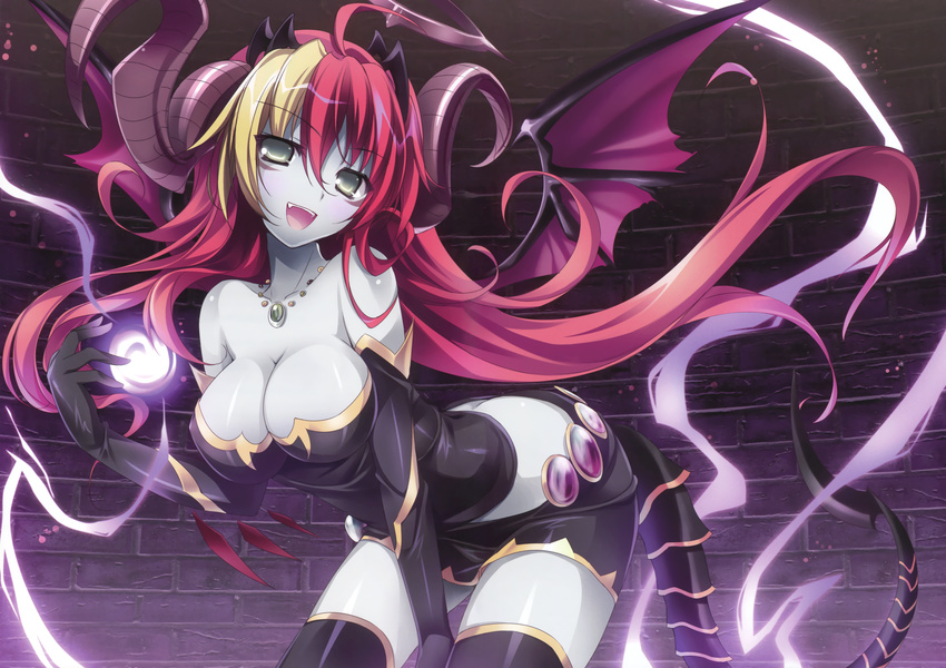 absurdres ahoge black_gloves breasts cleavage elbow_gloves female gloves happy hera_(p&d) highres horns jewelry karory large_breasts multicolored_hair necklace non-web_source puzzle_&_dragons red_hair tail thighhighs wings