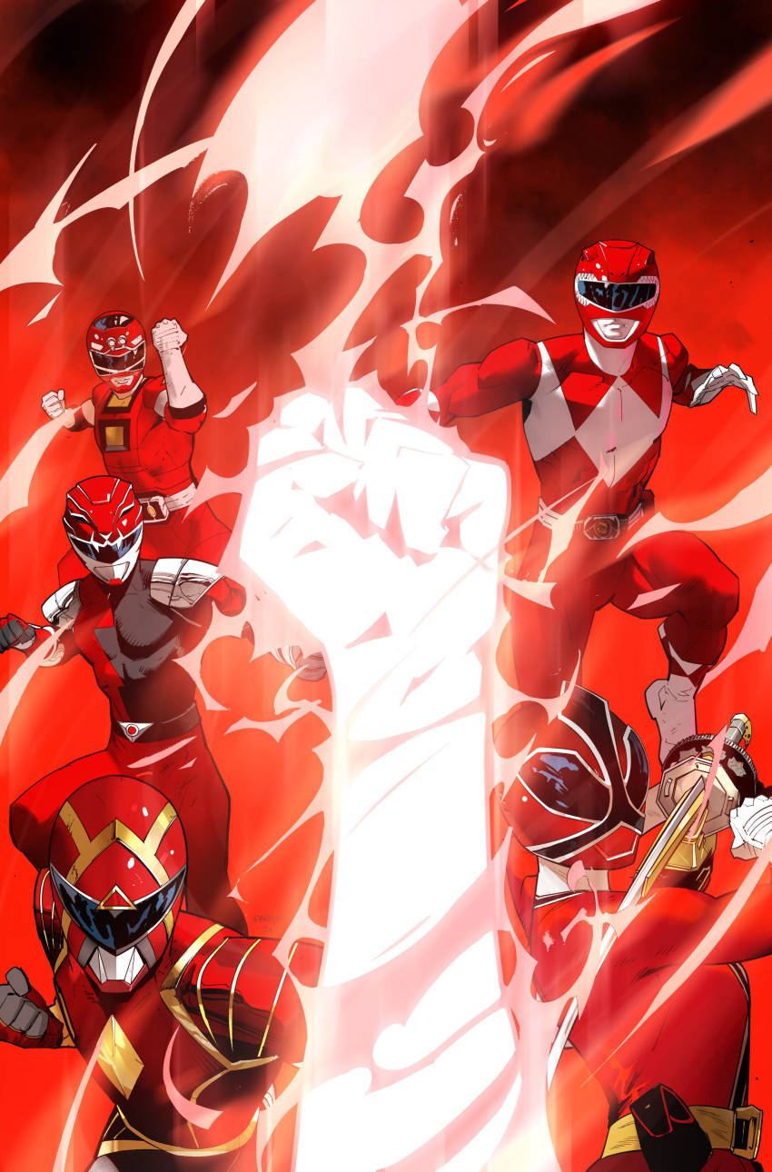 5boys absurdres battle bodysuit boom!_studios clenched_hand clenched_hands comic_cover commentary cover cover_page dan_mora english_commentary gloves helmet highres holding holding_sword holding_weapon hyperforce_red_ranger male_focus mighty_morphin_power_rangers multiple_boys official_art omega_red_ranger open_hand power_rangers power_rangers_hyperforce power_rangers_samurai power_rangers_turbo red_bodysuit red_ranger red_samurai_ranger red_turbo_ranger sword tokusatsu visor weapon western_comics_(style) white_gloves