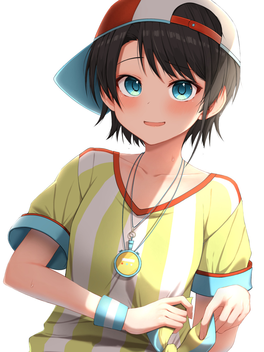 absurdres aqua_eyes backwards_hat baseball_cap blush brown_hair female hat highres hololive jewelry looking_at_viewer loose_clothes loose_shirt necklace oozora_subaru oozora_subaru_(1st_costume) oversized_clothes oversized_shirt pepushi_drow shirt short_hair short_sleeves solo stopwatch striped_clothes striped_shirt sweatband swept_bangs t-shirt tied_shirt vertical-striped_clothes vertical-striped_shirt virtual_youtuber watch whistle white_shirt wristband yellow_shirt