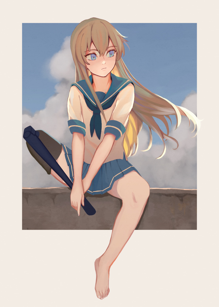 absurdres barefoot blonde_hair blue_eyes blue_neckerchief blue_sailor_collar blue_skirt closed_mouth cloud day female hair_between_eyes highres kantai_collection kkkhosuke long_hair neckerchief outdoors pleated_skirt prosthesis prosthetic_leg sailor_collar school_uniform serafuku shimakaze_(kancolle) short_sleeves sitting skirt sky solo