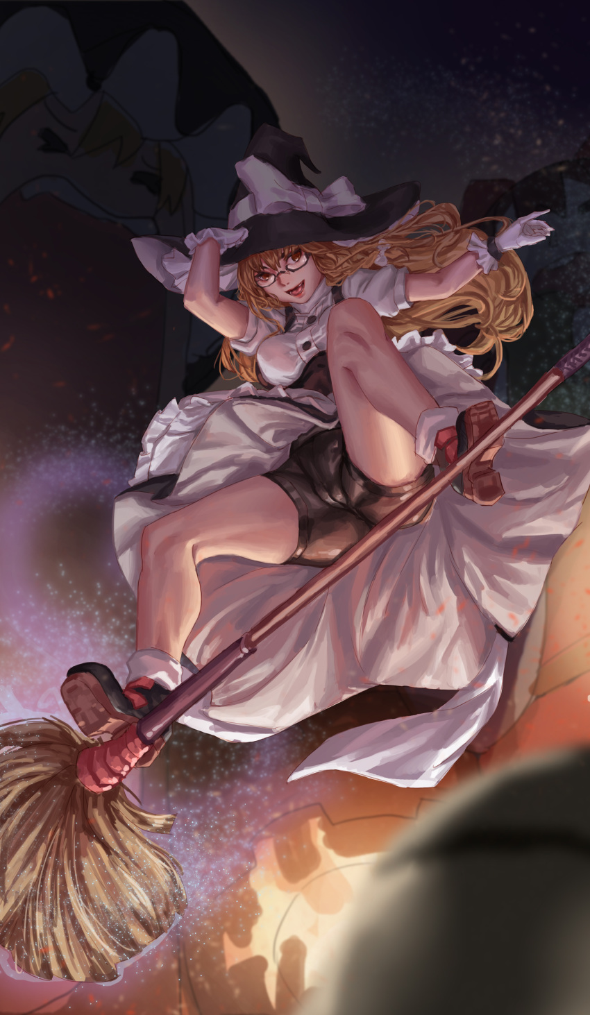 absurdres ass bike_shorts black-framed_eyewear black_footwear black_shorts black_skirt blonde_hair bow braid breasts broom broom_riding broom_surfing brown_eyes cameltoe commentary_request cookie_(touhou) d_tomoki dungeon_and_fighter female frilled_skirt frills full_body glasses gloves hairbow hat hat_bow highres kirisame_marisa long_hair looking_at_viewer looking_down mage_(dungeon_and_fighter) medium_breasts open_mouth puffy_short_sleeves puffy_sleeves semi-rimless_eyewear shoes short_sleeves shorts side_braid single_braid skirt socks squatting touhou under-rim_eyewear upskirt uzuki_(cookie) white_bow white_gloves white_legwear white_skirt witch_(dungeon_and_fighter) witch_hat