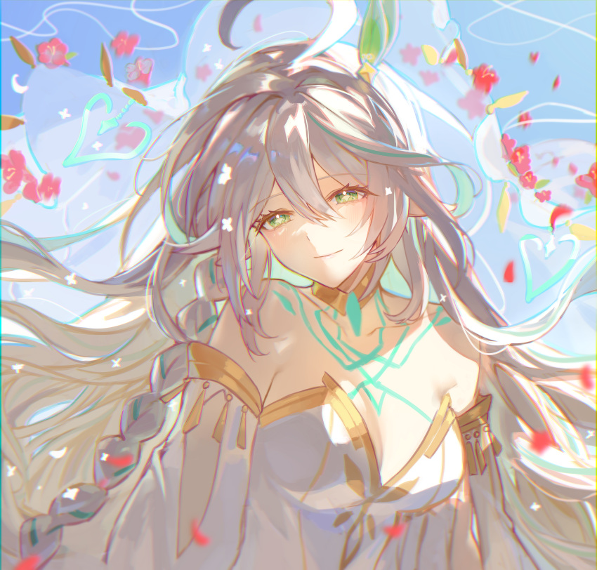 ahoge bare_shoulders braid breasts chest_tattoo chromatic_aberration cleavage collarbone cross-shaped_pupils detached_sleeves dress falling_petals female flower genshin_impact gold_choker gold_trim green_eyes grey_hair hair_ornament half-closed_eyes head_tilt highres large_breasts leaf_hair_ornament long_hair looking_at_viewer petals pointy_ears red_flower rukkhadevata_(genshin_impact) single_braid smile solo sp0i0ppp strapless strapless_dress symbol-shaped_pupils tattoo upper_body white_dress white_sleeves