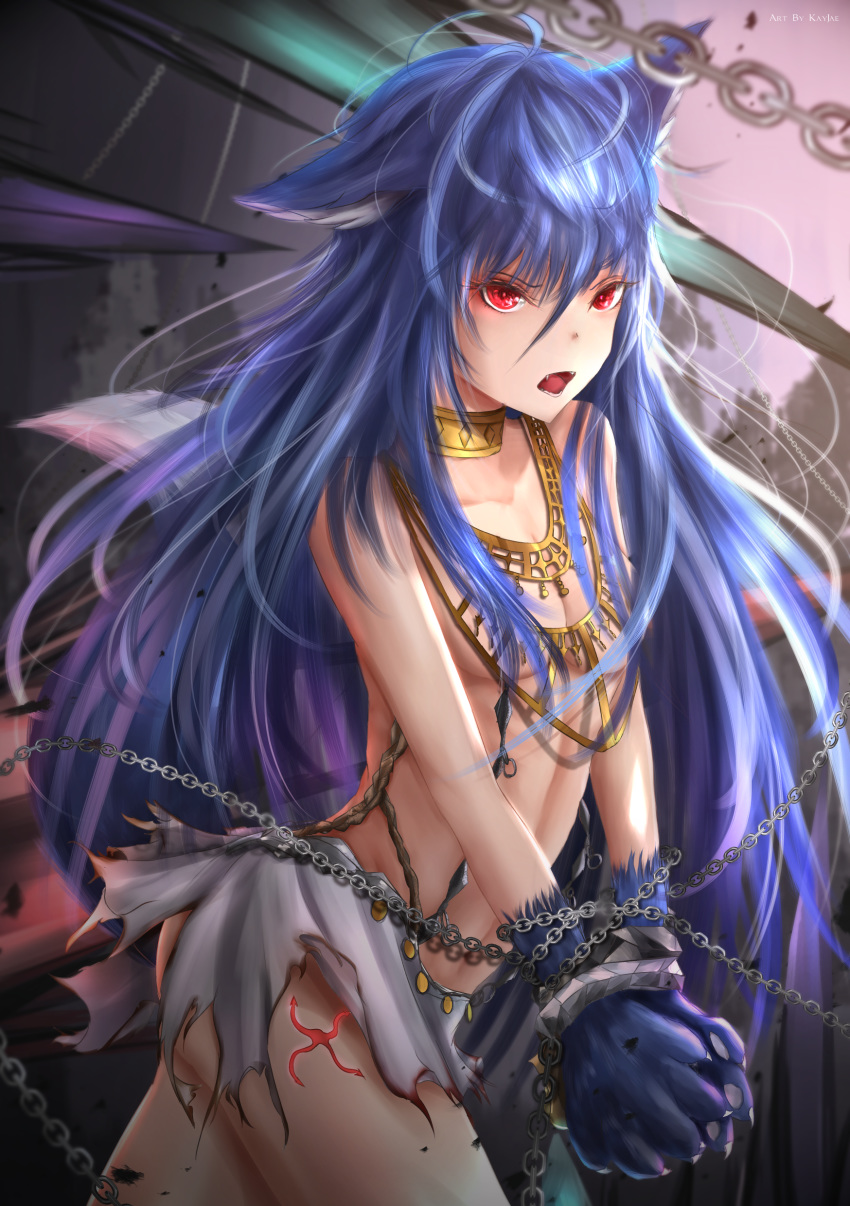 absurdres ahoge animal_ears animal_hands artist_name ass bare_arms bare_legs bare_shoulders blue_hair bound bound_wrists breasts chains claws collar collarbone fangs female fenrir_(shingeki_no_bahamut) granblue_fantasy hair_between_eyes highres kayjae long_hair red_eyes shingeki_no_bahamut solo standing tail torn_clothes very_long_hair wolf_ears wolf_girl wolf_tail