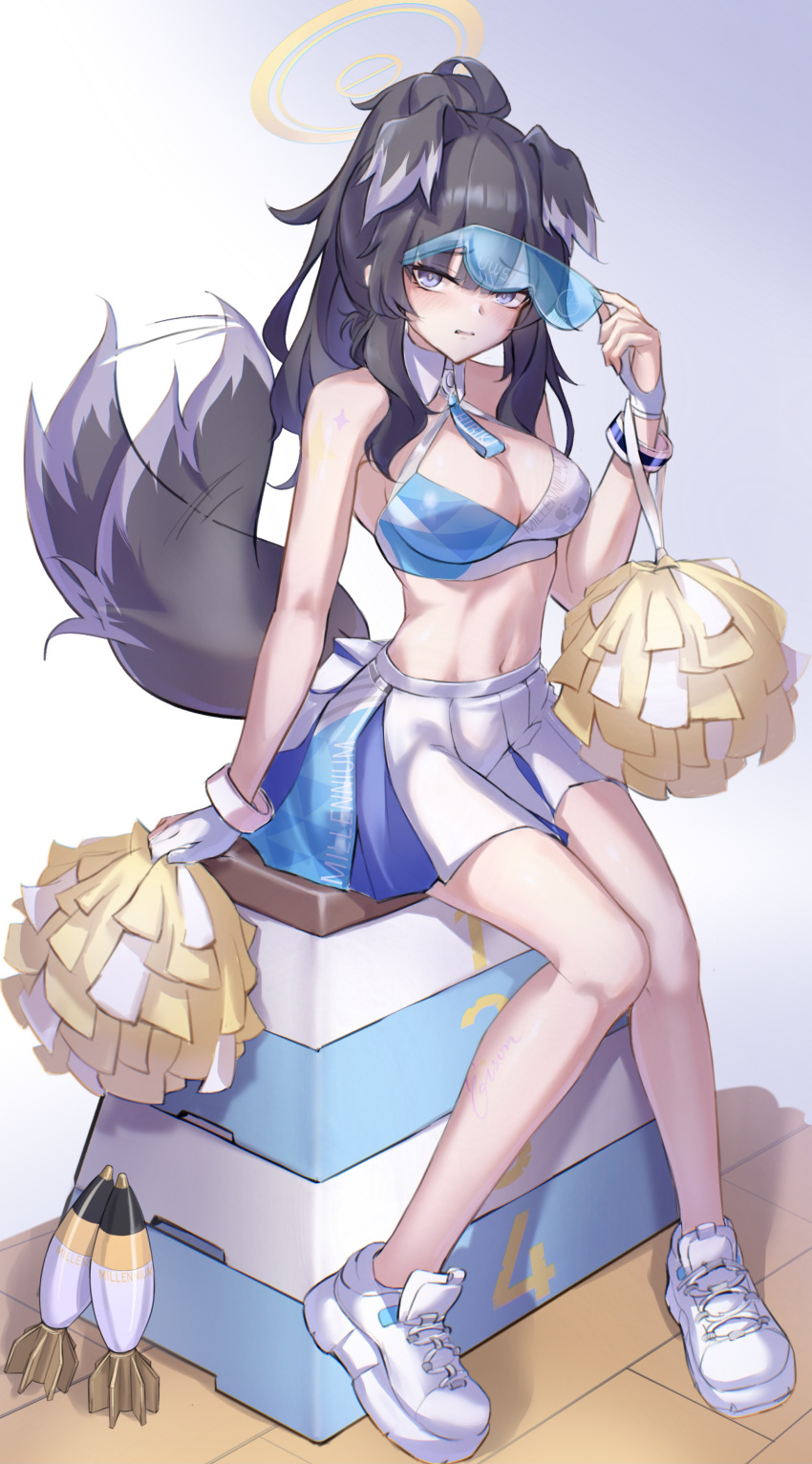 absurdres adjusting_eyewear ammunition animal_ears bangle bare_legs bare_shoulders black_hair blue_archive blush bracelet breasts cheerleader crop_top dog_ears dog_girl dog_tail eyewear_on_head female goggles goggles_on_head halo hand_on_eyewear hibiki_(blue_archive) hibiki_(cheer_squad)_(blue_archive) highres holding holding_pom_poms jewelry long_hair looking_at_viewer millennium_cheerleader_outfit_(blue_archive) mortar_shell navel official_alternate_costume pom_pom_(cheerleading) shoes skirt sneakers solo star_sticker sticker_on_arm tail tail_wagging text_print vaulting_horse white_skirt yellow_halo yyfuu