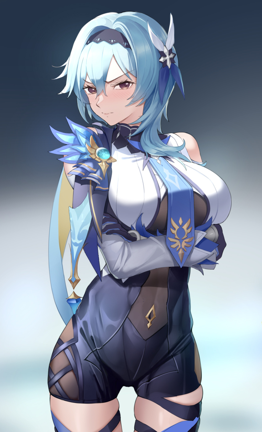 amco arms_under_breasts asymmetrical_hair blue_gloves blue_hair blue_necktie blush breasts capelet chinese_commentary closed_mouth commentary covered_navel crossed_arms detached_sleeves eula_(genshin_impact) female frown genshin_impact gloves hair_between_eyes hair_ornament hairband highres large_breasts leotard looking_at_viewer medium_hair necktie purple_eyes skindentation solo thigh_strap thighhighs thighs v-shaped_eyebrows vision_(genshin_impact) wavy_mouth