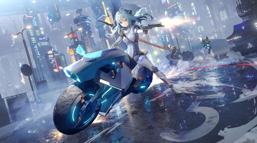 2others ahoge android black_pants blue_hair bodysuit building closed_mouth commentary english_commentary female finger_on_trigger firing floating_hair gun hair_between_eyes headgear highres holding holding_gun holding_weapon jacket joints lamppost long_hair motor_vehicle motorcycle multiple_others neon_trim open_clothes open_jacket orange_eyes original pants revolver road_sign robot_joints sa'yuki sign skyscraper smoke sparks sword sword_behind_back weapon weapon_on_back white_bodysuit white_jacket