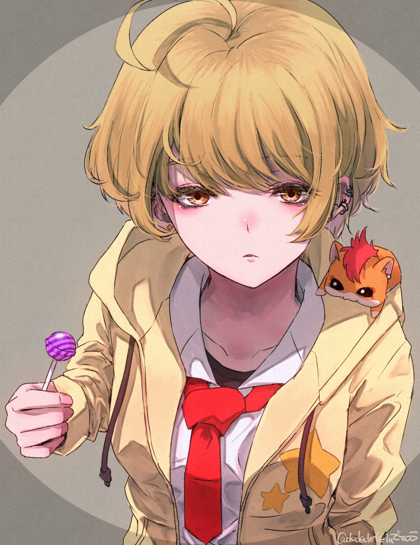 :o ahoge animal_on_shoulder blonde_hair bored candy chupa_chups close-up collarbone collared_shirt commentary_request dededeteiu ear_piercing earrings eyelashes female food foreshortening from_above half-closed_eyes hamster hamster_on_shoulder harryham_harry highres holding holding_candy holding_food holding_lollipop hood hoodie hugtto!_precure jewelry kagayaki_homare l'avenir_academy_school_uniform lollipop looking_at_viewer looking_up loose_necktie necktie on_shoulder open_clothes open_hoodie open_mouth perspective piercing precure red_necktie school_uniform shirt short_hair twitter_username upper_body white_shirt yellow_eyes yellow_hoodie