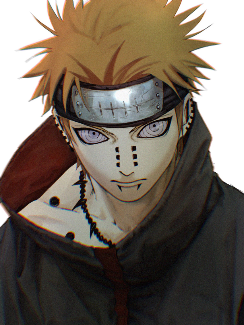 1boy akatsuki_uniform amegakure_symbol bad_id bad_twitter_id blonde_hair closed_mouth collarbone commentary_request ear_piercing earrings forehead_protector highres jewelry lip_piercing looking_at_viewer male_focus naruto_(series) necklace nose_piercing orange_hair pain_(naruto) piercing rinnegan short_hair simple_background solo spiked_hair straight-on upper_body urasanmyaku white_background