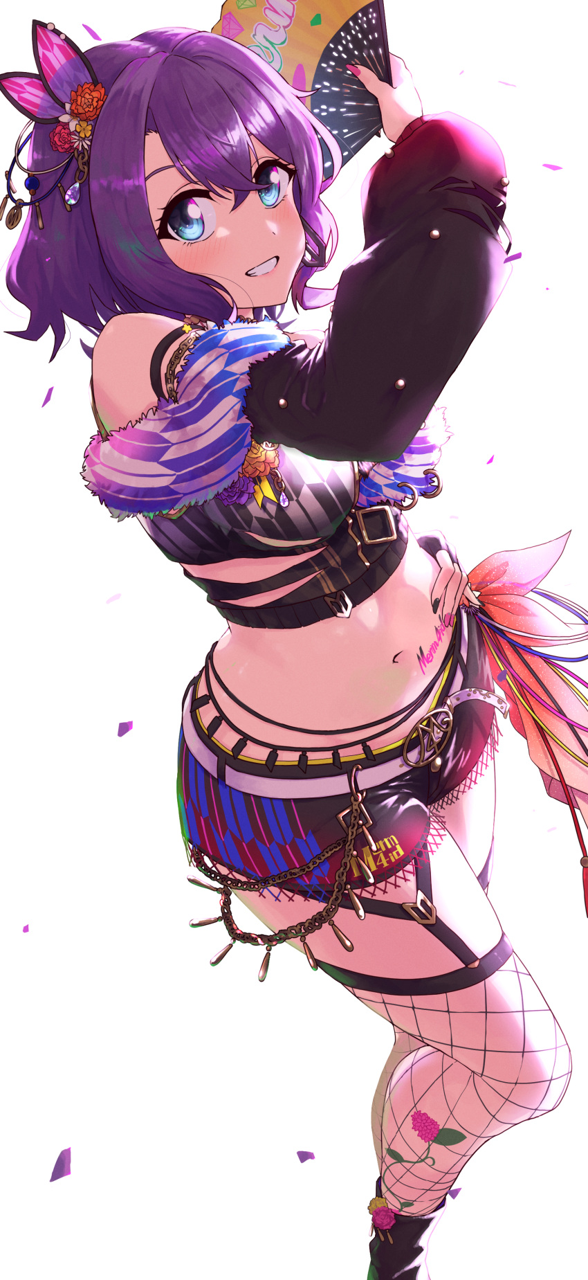 absurdres anzo_(anzu_elichi0928) black_shorts blue_eyes body_writing breasts crop_top d4dj detached_sleeves female fishnet_thighhighs fishnets folding_fan garter_straps hair_ornament hand_fan hidaka_saori highres holding holding_fan large_breasts looking_at_viewer micro_shorts midriff navel pink_nails purple_hair short_hair shorts sidelocks simple_background smile solo thighhighs white_background