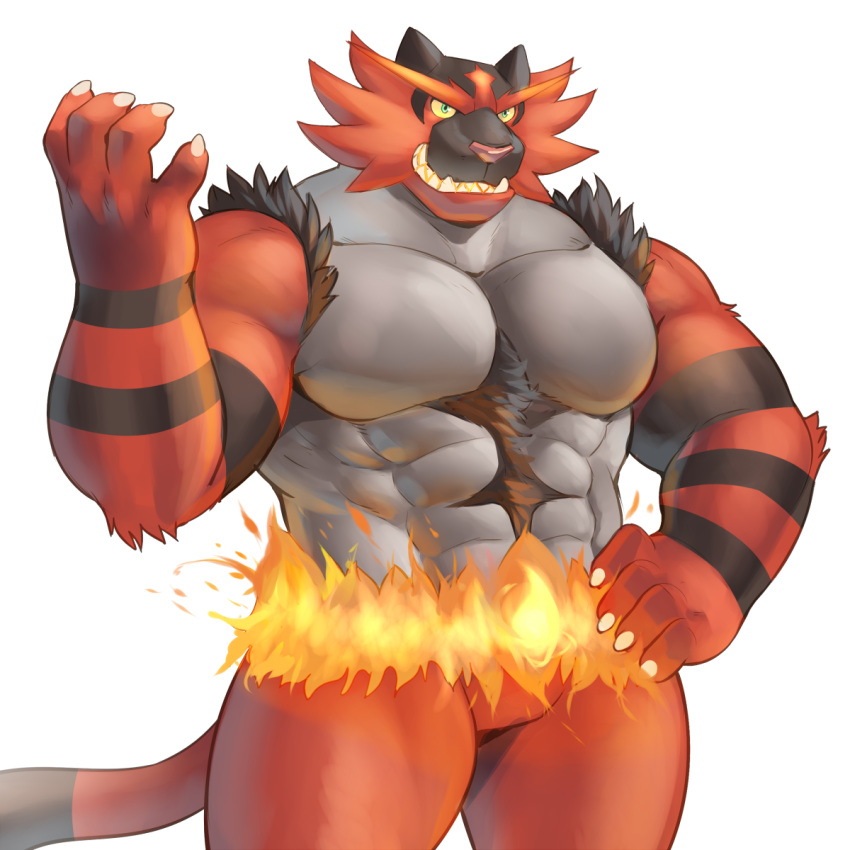 1:1 abs adios anthro black_body black_fur claws fire fur generation_7_pokemon green_eyes hand_on_hip hi_res incineroar male muscular muscular_anthro muscular_male nintendo pecs pokemon pokemon_(species) portrait red_body red_fur sharp_teeth simple_background solo teeth three-quarter_portrait white_background