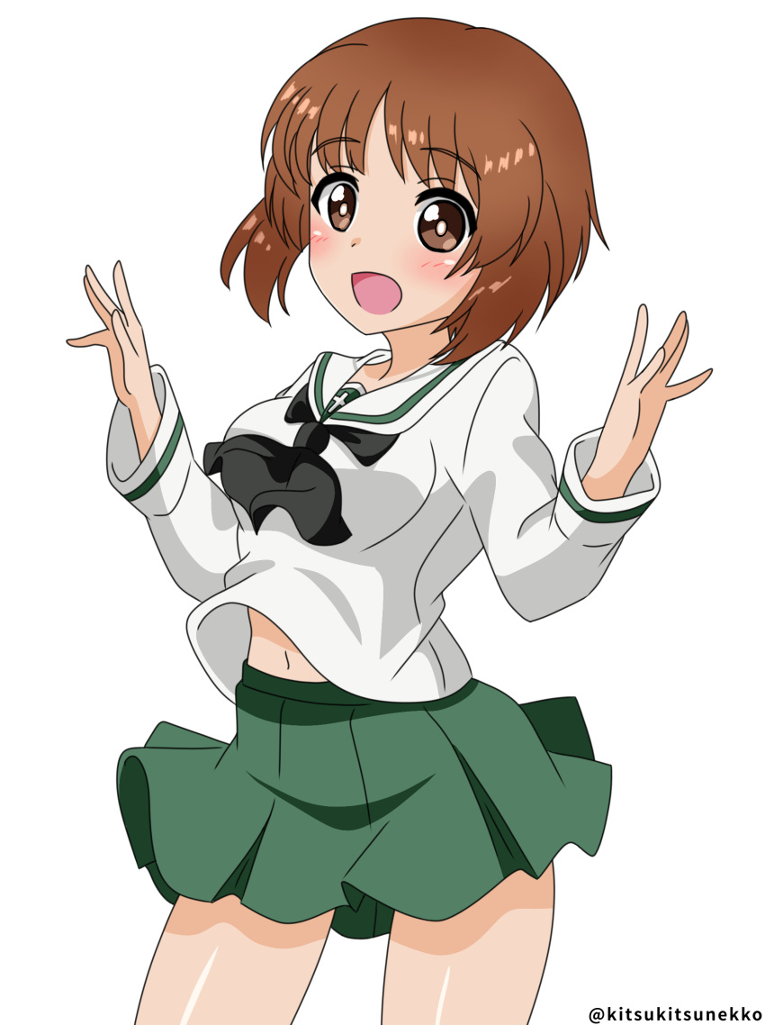 absurdres bad_id bad_pixiv_id black_neckerchief blouse brown_eyes brown_hair commentary cowboy_shot female girls_und_panzer green_skirt highres long_sleeves looking_at_viewer midriff_peek miniskirt navel neckerchief nishizumi_miho ooarai_school_uniform open_mouth pleated_skirt sailor_collar school_uniform serafuku shirt short_hair simple_background skirt smile solo standing tanutika twitter_username w_arms white_background white_sailor_collar white_shirt