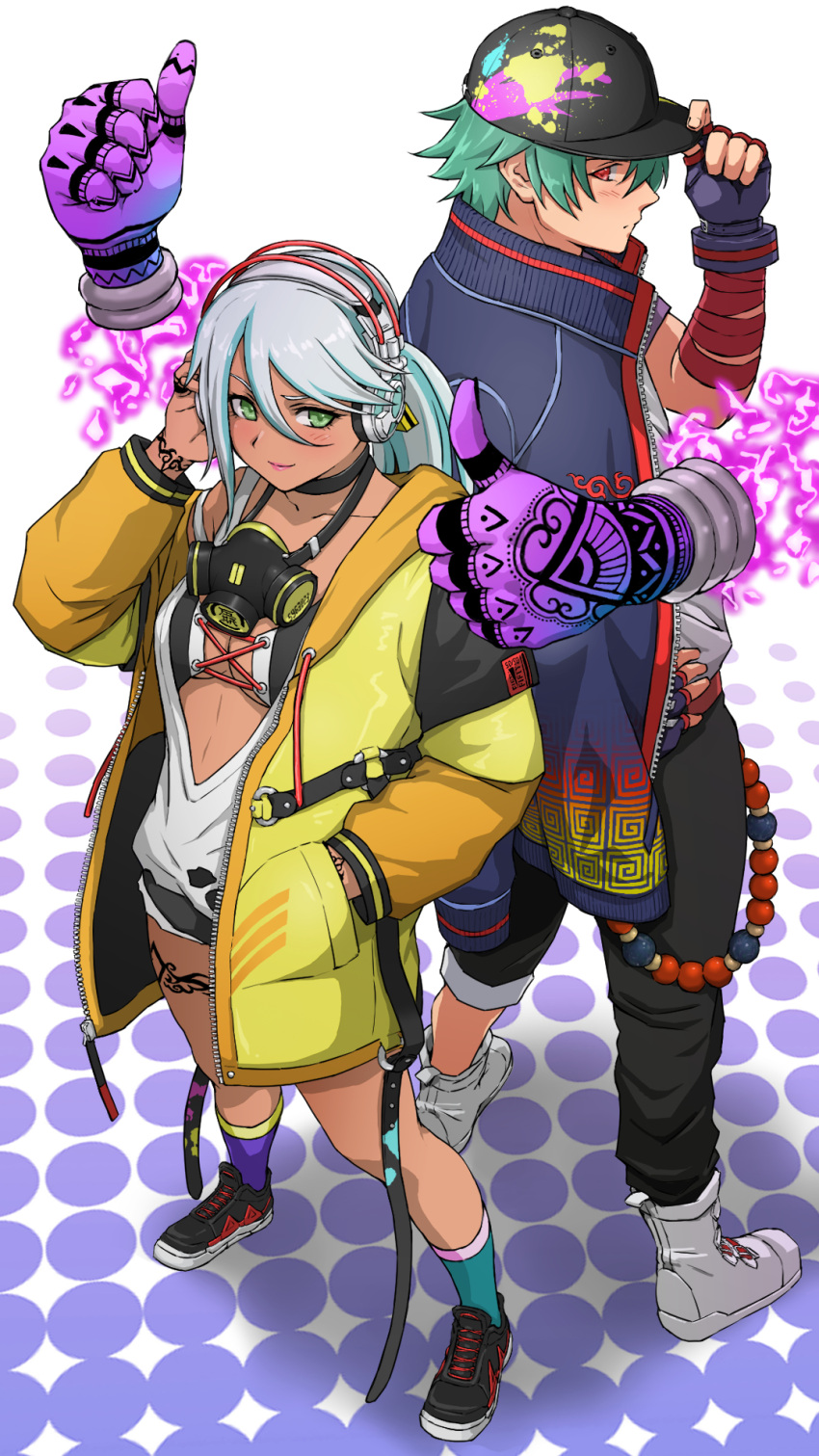 1boy baseball_cap blue_hair disembodied_hand female finger_tattoo full_body hat headphones highres isla_(kof) leg_tattoo light_blue_hair light_blush mask mask_around_neck oversized_clothes paint_can respirator shun'ei snk spray_can swap tattoo the_king_of_fighters the_king_of_fighters_xiv the_king_of_fighters_xv x_chitch