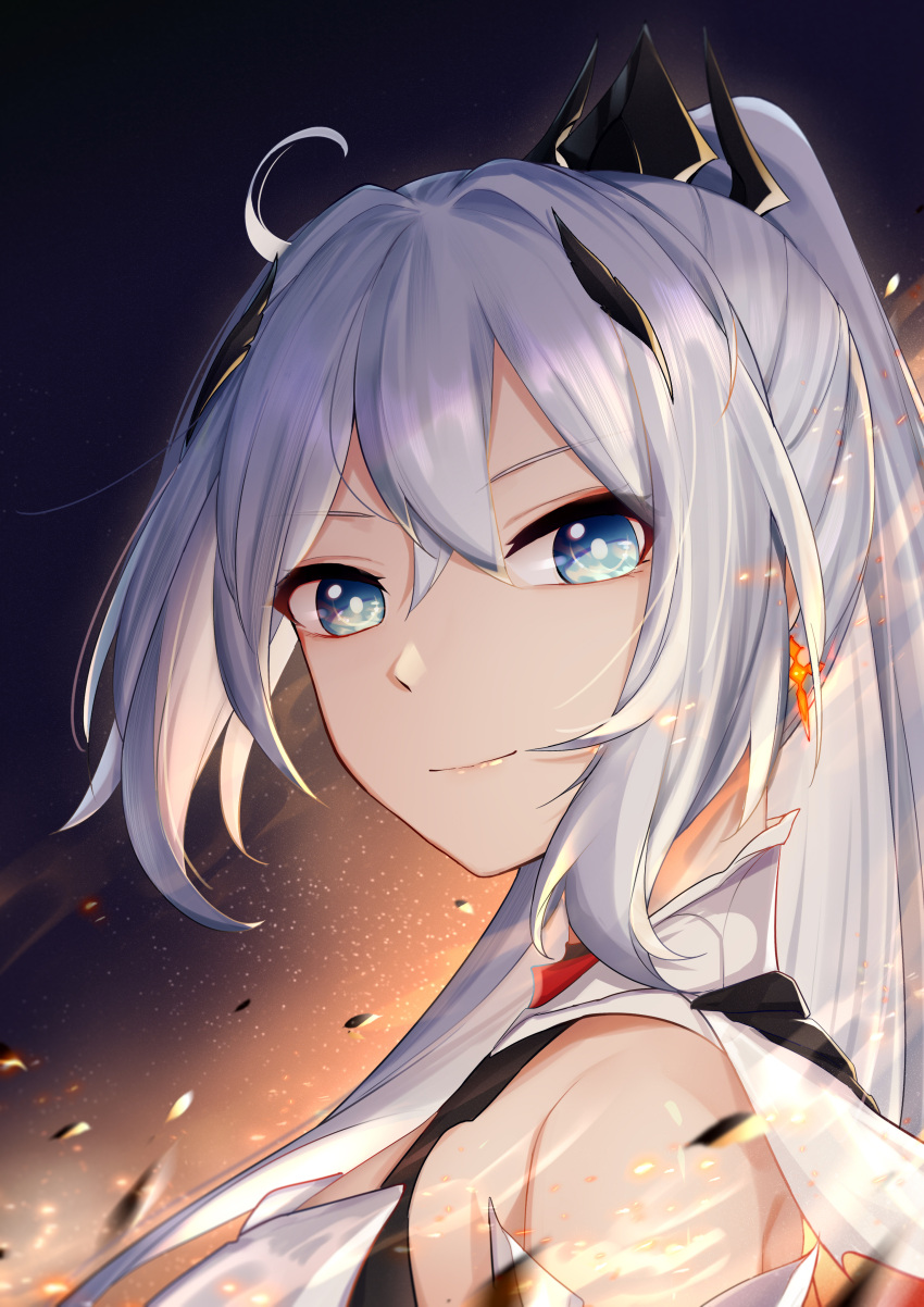 7t absurdres bare_shoulders blue_eyes closed_mouth earrings female from_side hair_ornament highres honkai_(series) honkai_impact_3rd jewelry kiana_kaslana kiana_kaslana_(herrscher_of_flamescion) long_hair looking_at_viewer looking_to_the_side smile solo upper_body white_hair