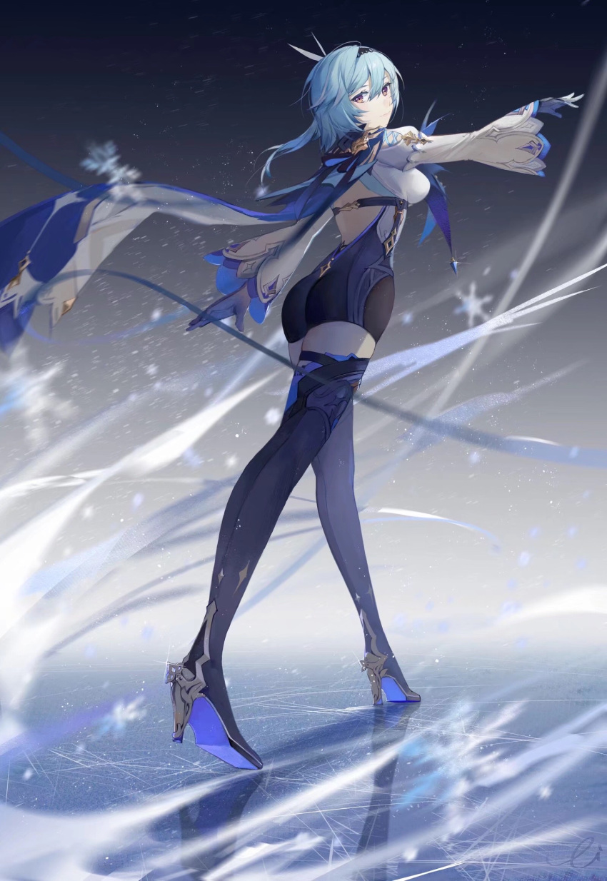 bare_back black_leotard black_thighhighs blue_hair blurry boots cape commentary_request dancing depth_of_field eula_(genshin_impact) female from_behind full_body genshin_impact hair_between_eyes hair_ornament hairband high_heels highres ice leotard lizi_(st3648) long_hair looking_at_viewer looking_back orange_eyes sidelocks simple_background snowing solo standing thigh_boots thighhighs two-tone_gloves wide_sleeves