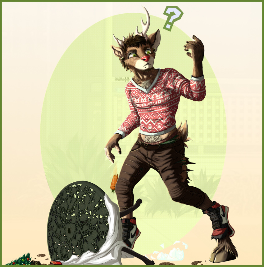 anthro antler_growth christmas christmas_clothing christmas_sweater christmas_topwear clothing confusion deer fingers fur fur_growth growth hi_res holidays hooved_fingers hooves human human_to_anthro jazzaaro male mammal mid_transformation new_world_deer question_mark reindeer solo species_transformation sweater tail tail_growth topwear torn_clothing torn_shoes transformation