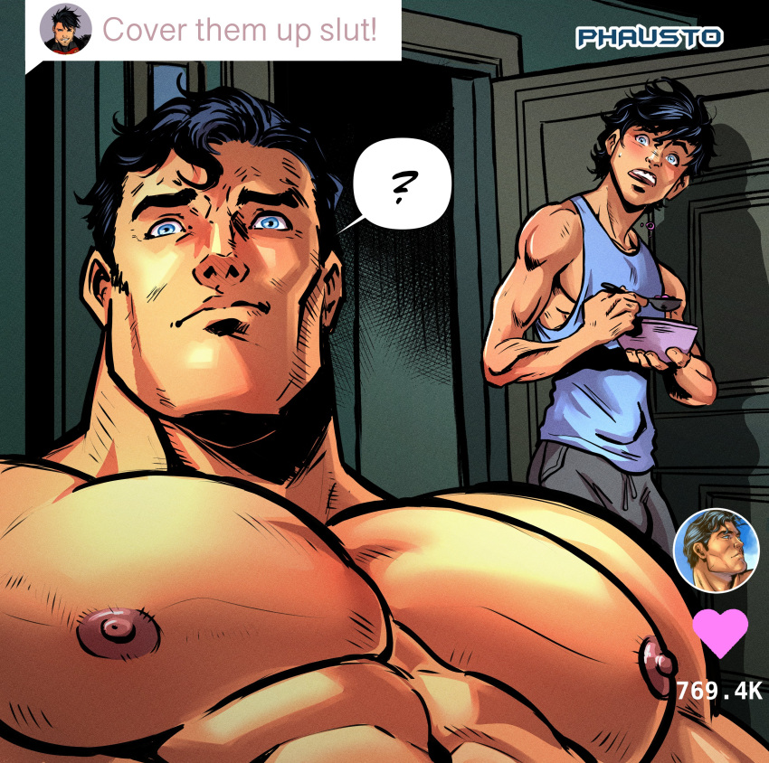 2boys ? absurdres artist_name bara black_hair black_pants blue_eyes blue_tank_top blush bowl clark_kent closed_mouth commentary cover_them_up_slut_(meme) dc_comics dialogue_box english_commentary english_text father_and_son heart highres holding holding_bowl holding_spoon jonathan_kent large_pectorals looking_at_another looking_at_viewer male_focus meme multiple_boys muscular muscular_male nipples nude open_mouth pants pectoral_focus pectorals phaustok short_hair speech_bubble spoken_question_mark spoon superman_(series) tank_top tiktok upper_body user_interface western_comics_(style)