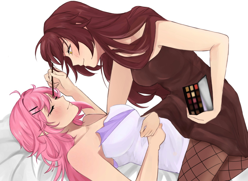 2girls applying_makeup blush closed_eyes closed_mouth cosmetics dress eden_(honkai_impact) elysia_(honkai_impact) elysia_(miss_pink_elf)_(honkai_impact) english_commentary fishnets hair_ornament hairclip highres holding honkai_(series) honkai_impact_3rd lesbians_doing_makeup_(meme) lesbianvrmth long_hair looking_at_another lying makeup makeup_brush meme multiple_girls on_back palette_(object) pantyhose pink_hair pointy_ears red_hair sitting sitting_on_person yellow_eyes yuri