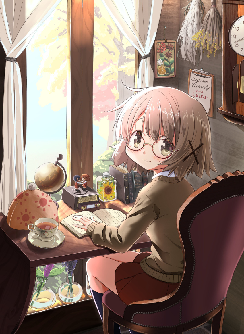 absurdres bad_id bad_twitter_id bespectacled black_socks blush book brown_eyes brown_hair chair character_doll clipboard clock closed_mouth commentary cup curtains desk english_commentary english_text female flower glasses globe hair_ornament hidamari_sketch highres hiro_(hidamari_sketch) indoors kneehighs looking_at_viewer looking_back open_book percy_pyl picture_frame red_skirt sae_(hidamari_sketch) saucer short_hair sitting skirt smile socks solo sweater table teacup vase window x_hair_ornament yuno_(hidamari_sketch)