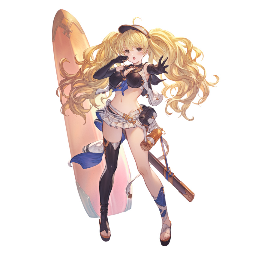 ahoge bikini black_bikini black_gloves black_thighhighs blonde_hair blush breasts brown_eyes cleavage elbow_gloves female full_body gloves granblue_fantasy holding holding_whistle large_breasts long_hair looking_at_viewer minaba_hideo monika_weisswind monika_weisswind_(swimsuit)_(granblue_fantasy) navel official_art open_mouth pleated_skirt sailor_collar single_thighhigh skirt solo standing surfboard swimsuit tachi-e thighhighs transparent_background twintails visor_cap wavy_hair whistle whistle_around_neck white_skirt