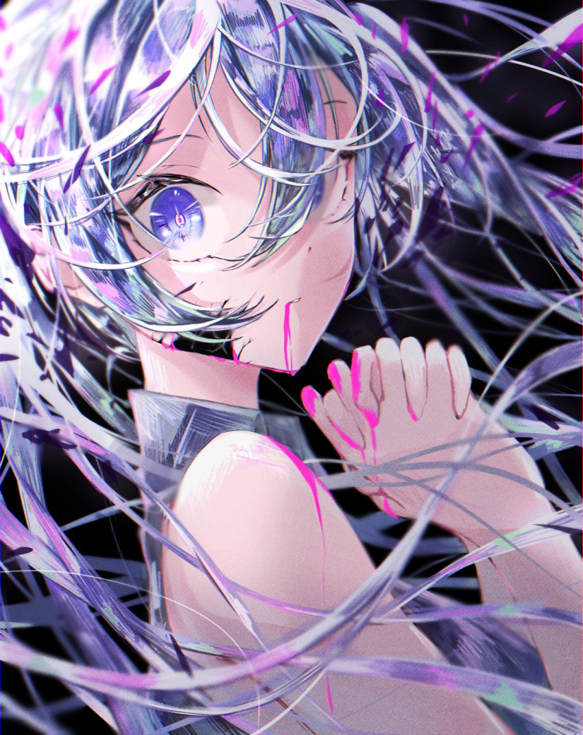 black_background blood blood_from_mouth blood_on_face blood_on_hands blue_eyes blue_hair collared_shirt commentary female floating_hair from_side ghost_rule_(vocaloid) grey_shirt hair_between_eyes hands_up hatsune_miku highres interlocked_fingers long_hair looking_at_viewer own_hands_together parted_lips pink_blood red_pupils saksak_mocchiri shirt sleeveless sleeveless_shirt solo upper_body very_long_hair vocaloid wing_collar