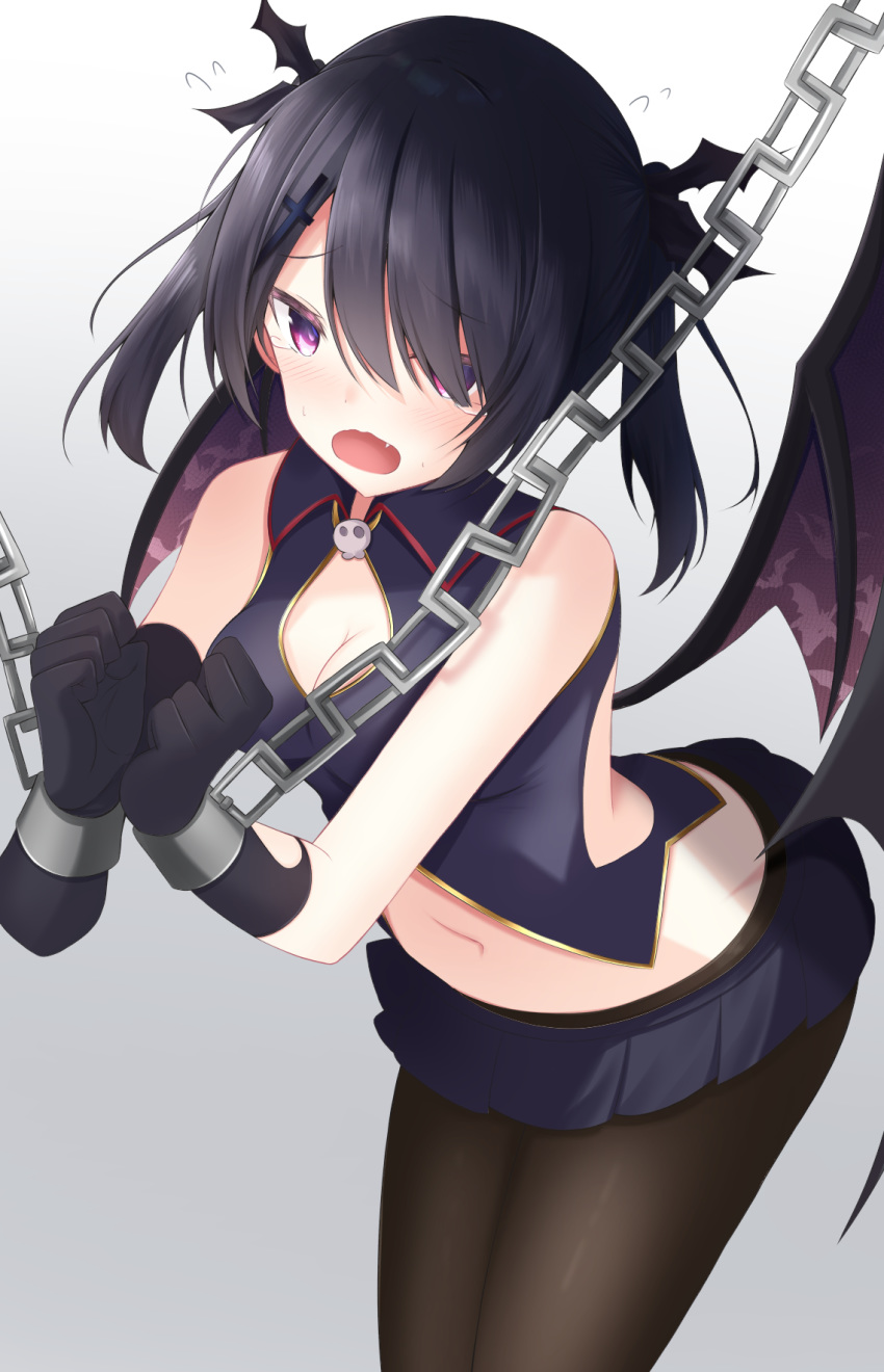 :o bare_arms bare_shoulders bent_over black_gloves black_hair black_shirt black_skirt bound bound_wrists breasts brown_pantyhose chains cleavage clothing_cutout commentary_request crop_top cuffs demon_wings doyachii female gloves gold_trim gradient_background hair_over_one_eye handcuffs highres long_hair looking_at_viewer medium_breasts midriff miniskirt navel oerba_yun_fang open_mouth original pantyhose pleated_skirt purple_eyes restrained shirt side_cutout skirt sleeveless sleeveless_shirt solo tearing_up twintails wing_collar wings