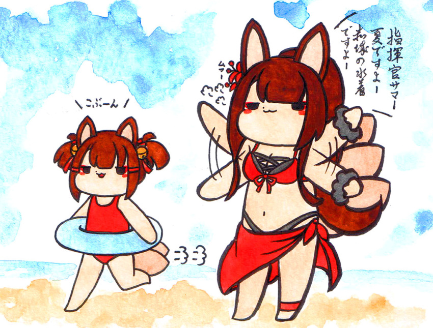 2girls akagi-chan_(azur_lane) akagi_(azur_lane) akagi_(paradise_amaryllis)_(azur_lane) alternate_costume animal_ears azur_lane bikini chibi commentary_request fox_ears fox_girl hakkyou_seinen_dogura_magura long_hair multiple_girls official_alternate_costume short_hair swimsuit traditional_media translation_request