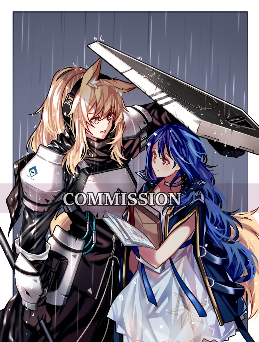 2girls alya_(panalee) animal_ears arknights armor blonde_hair blue_hair book brown_eyes commission covering_privates file fluffy gloves headphones highres holding horse_ears horse_girl horse_tail long_hair multiple_girls nearl_(arknights) original paper_stack pauldrons rain red_eyes shield shoulder_armor tail yuutama2804