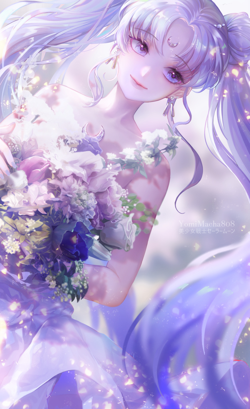 bare_shoulders bishoujo_senshi_sailor_moon blue_eyes blue_flower blurry blurry_background bouquet closed_mouth collarbone commentary crescent crescent_brooch crescent_facial_mark dress dutch_angle earrings facial_mark female floating_hair flower forehead_mark grey_hair hair_between_eyes hair_ornament highres holding holding_bouquet jewelry long_hair looking_at_viewer newz_(primnewz) parted_bangs queen_serenity smile solo strapless strapless_dress twintails very_long_hair watermark white_dress