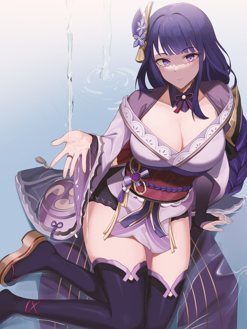 absurdres blunt_bangs breasts bridal_gauntlets cleavage closed_mouth detached_collar female genshin_impact geta hair_ornament highres japanese_clothes kimono korean_commentary large_breasts light_smile long_braid long_hair looking_at_viewer mole mole_under_eye neck_ribbon obi pharamacom purple_eyes purple_hair purple_kimono raiden_shogun ribbon sash sitting soaking_hands solo thighhighs thighs very_long_hair water wet yokozuwari