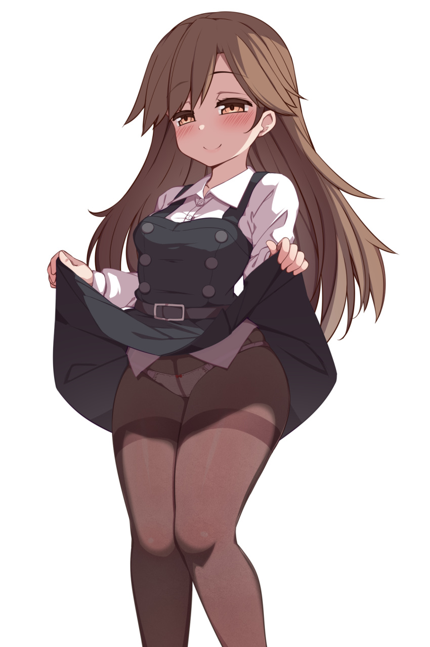 arashio_(kancolle) arashio_kai_ni_(kancolle) black_dress blush bow bow_panties brown_eyes brown_hair clothes_lift crotch_seam dress female highres kantai_collection kurokoshou_(emuburemu123) lifting_own_clothes long_hair long_sleeves looking_at_viewer panties panties_under_pantyhose pantyhose pinafore_dress shirt simple_background skirt skirt_lift sleeveless sleeveless_dress smile solo thighband_pantyhose underwear white_background white_shirt