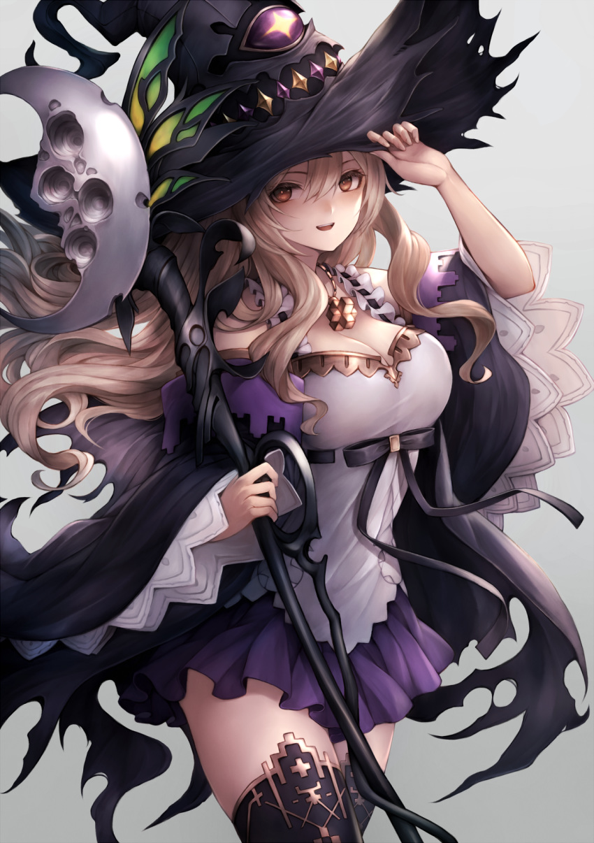 arm_up black_coat black_hat black_thighhighs blonde_hair breasts cleavage coat cowboy_shot dorothy_(shingeki_no_bahamut) female gold_trim grey_background hat highres holding holding_staff large_breasts long_hair long_sleeves looking_at_viewer md5_mismatch miniskirt off_shoulder open_clothes open_coat open_mouth orange_eyes purple_skirt resolution_mismatch shadowverse shingeki_no_bahamut shirt skirt sleeveless sleeveless_shirt smile snm_(sunimi) solo source_smaller staff thighhighs torn_clothes torn_coat white_shirt wide_sleeves witch witch_hat zettai_ryouiki