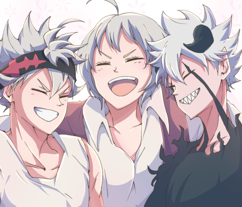 2boys :d ahoge asta_(black_clover) black_clover black_headband closed_eyes collarbone curled_horns demon_boy demon_horns female grey_hair grin headband highres horns jinguu_(timaya) licita_(black_clover) liebe_(black_clover) mother_and_son multiple_boys open_mouth pointy_ears sharp_teeth shirt smile spoilers teeth white_shirt