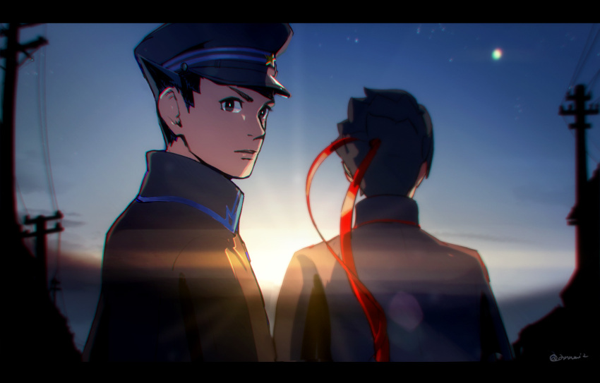 2boys ayu161 black_cape black_eyes black_hair black_headwear cape facing_away gyakuten_saiban hat headband kazuma_asogi letterboxed looking_at_viewer male_focus multiple_boys outdoors parted_lips red_headband ryunosuke_naruhodo short_hair the_great_ace_attorney the_great_ace_attorney:_adventures twilight upper_body utility_pole