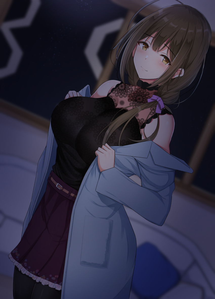 ahoge bare_shoulders black_dress blue_jacket blush breasts brown_eyes brown_hair dress female hair_over_shoulder highres idolmaster idolmaster_shiny_colors jacket kuwayama_chiyuki large_breasts long_hair long_sleeves looking_at_viewer noeomi off_shoulder open_clothes open_jacket smile solo