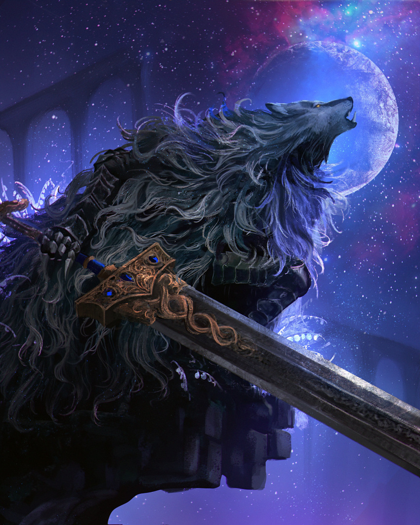 1boy absurdres armor blaidd_the_half-wolf caio_santos cape elden_ring flower full_body fur_cape furry gauntlets greatsword greaves highres holding holding_sword holding_weapon howling huge_weapon looking_away moon night night_sky on_one_knee plant profile sky star_(sky) starry_sky sword weapon wolf_boy