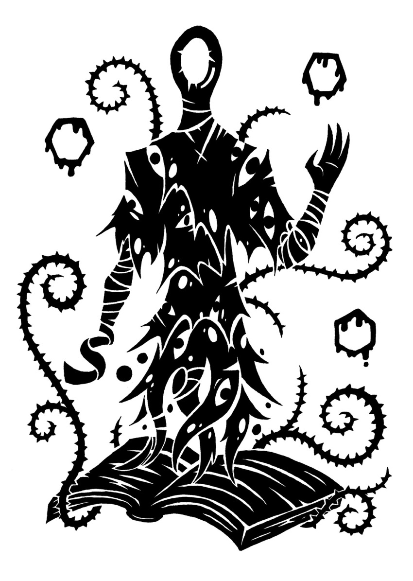 2014 4_claws 4_fingers ambiguous_gender bent_arm black_and_white book claws clothing digital_drawing_(artwork) digital_media_(artwork) fabric fabric_creature faceless finger_claws fingers hi_res hole_(anatomy) humanoid legless memetic monochrome monster monstrous_humanoid multi_eye open_book plant pseudo_clothing pupil raised_hand restricted_palette scp-582 scp_foundation silhouette simple_background solo sunnyclockwork torn_clothing vines white_background