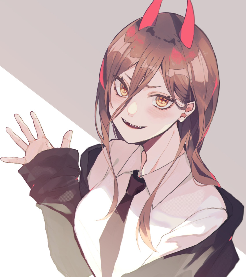 :d bad_id bad_twitter_id black_jacket black_necktie blush brown_hair chainsaw_man collared_shirt cross-shaped_pupils female grey_background highres horns jacket long_hair long_sleeves looking_at_viewer necktie off_shoulder open_mouth power_(chainsaw_man) red_horns satsuki_(miicat) sharp_teeth shirt sleeves_past_wrists smile solo symbol-shaped_pupils teeth upper_body white_shirt wing_collar yellow_eyes