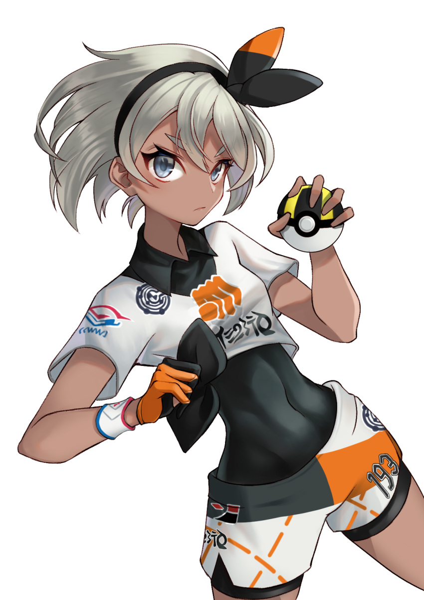 bea_(pokemon) black_bodysuit black_hairband bodysuit bodysuit_under_clothes bow_hairband closed_mouth collared_shirt commentary dark-skinned_female dark_skin dynamax_band eyelashes female gloves grey_eyes grey_hair hair_between_eyes hairband haka_(djawnsgtlr) highres holding holding_poke_ball poke_ball pokemon pokemon_swsh print_shirt print_shorts shirt short_hair short_sleeves shorts side_slit side_slit_shorts single_glove solo tied_shirt ultra_ball