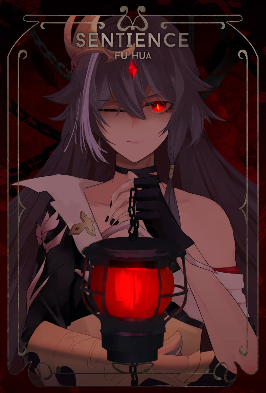 absurdres bare_shoulders black_gloves black_nails chains close-up closed_mouth female fingerless_gloves fu_hua fu_hua_(herrscher_of_sentience) gloves grey_hair hair_between_eyes hair_ornament highres holding honkai_(series) honkai_impact_3rd izukei lantern long_hair looking_at_viewer multicolored_hair one_eye_closed red_eyes second-party_source solo streaked_hair