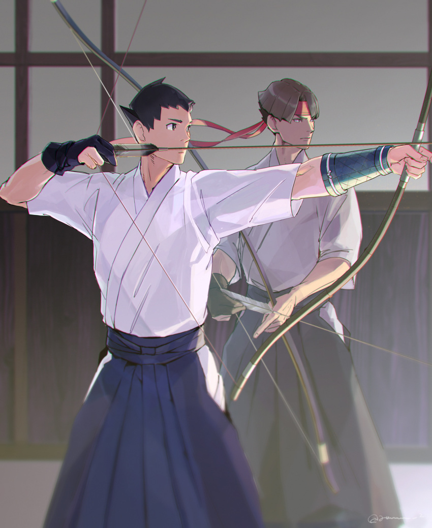 2boys archery arrow_(projectile) ayu161 black_eyes black_gloves black_hair blue_hakama bow_(weapon) cowboy_shot drawing_bow gloves gyakuten_saiban hakama hakama_pants headband highres holding holding_arrow holding_bow_(weapon) holding_weapon japanese_clothes kazuma_asogi kimono kyuudou looking_away male_focus multiple_boys pants red_headband ryunosuke_naruhodo short_hair short_sleeves single_glove standing the_great_ace_attorney the_great_ace_attorney:_adventures weapon white_kimono