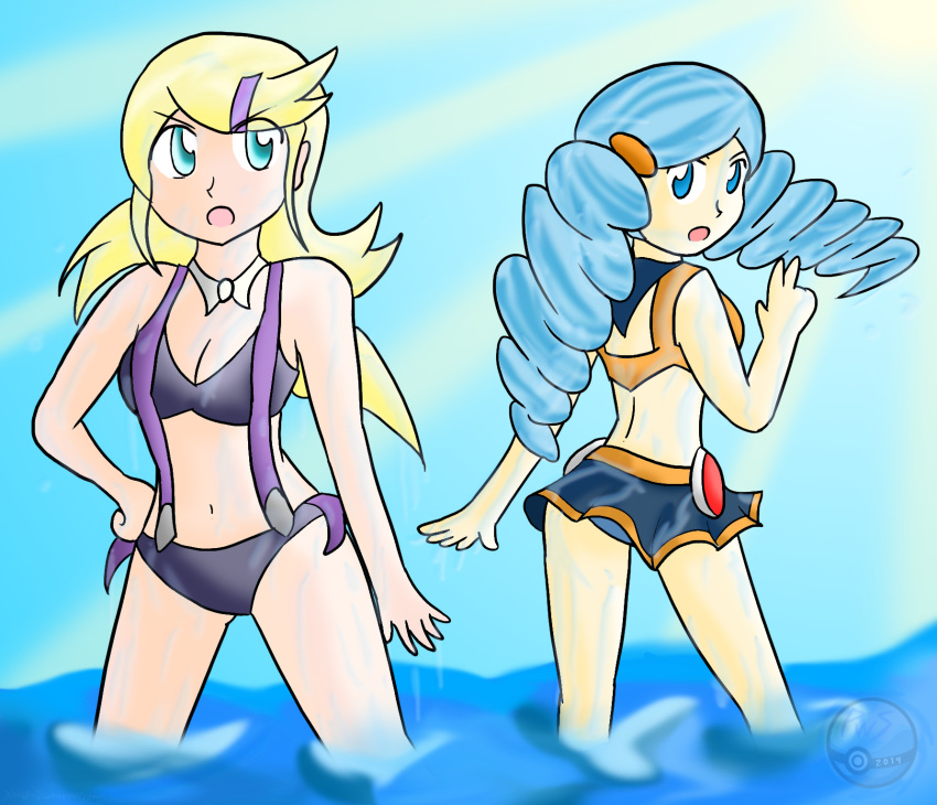 2girls ace_trainer_(pokemon) ace_trainer_(pokemon_bw) ace_trainer_(pokemon_xy) astrid_(pokemon) ayaka_(pokemon) bikini blonde_hair blue_hair female female_only hand_on_head multiple_girls nintendo npc_trainer partially_submerged pokemon pokemon_bw pokemon_xy stomach swimsuit water xero-j