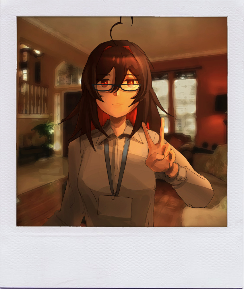 absurdres ahoge black_hair breasts collared_shirt colored_inner_hair commentary english_commentary enma-chan expressionless faux_photograph female glasses hair_between_eyes highres hololive hololive_english id_card looking_at_viewer medium_breasts multicolored_hair polaroid red_eyes red_hair shirt solo v vincent_wu virtual_youtuber white_shirt