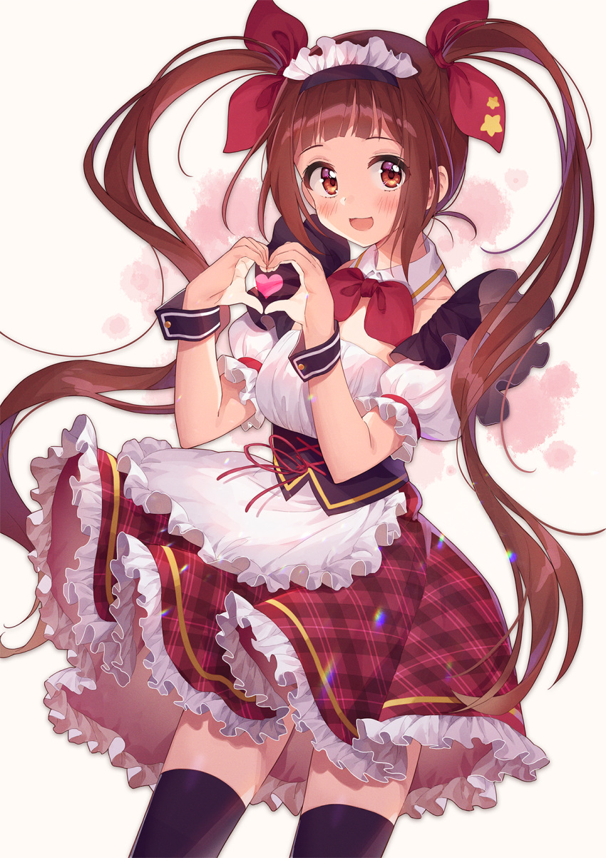 :d apron black_thighhighs blush breasts brown_eyes brown_hair chobi_(penguin_paradise) collar commentary_request detached_collar female frilled_apron frilled_skirt frills hair_ribbon hands_up heart heart_hands highres idolmaster idolmaster_million_live! long_hair looking_at_viewer maid_headdress matsuda_arisa open_mouth plaid plaid_skirt puffy_short_sleeves puffy_sleeves red_neckwear red_ribbon red_skirt ribbon shirt short_sleeves sidelocks skirt small_breasts smile solo star_(symbol) star_print thighhighs twintails very_long_hair waist_apron white_apron white_collar white_shirt wing_collar wrist_cuffs