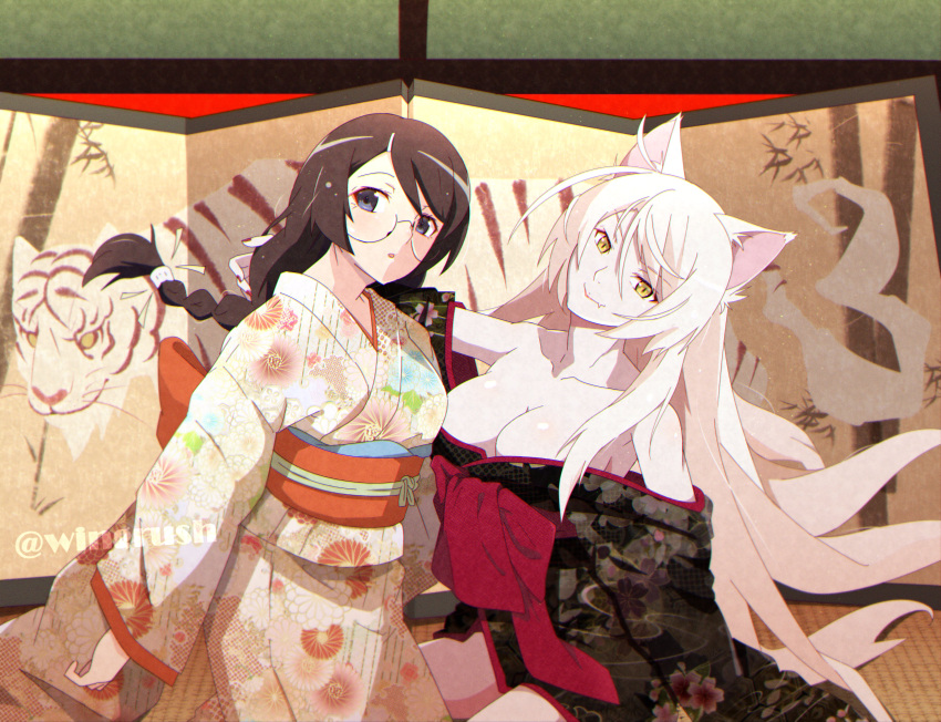 2girls absurdres animal_ears bakeneko bare_shoulders black_hair black_hanekawa braid breasts cat_ears cat_girl cleavage dual_persona fooring glasses hair_ornament hairclip hanekawa_tsubasa highres japanese_clothes kako_(monogatari) kimono large_breasts long_hair monogatari_(series) multiple_girls oerba_yun_fang off_shoulder open_clothes purple_eyes sitting skin_fang slit_pupils twitter_username very_long_hair white_hair yellow_eyes