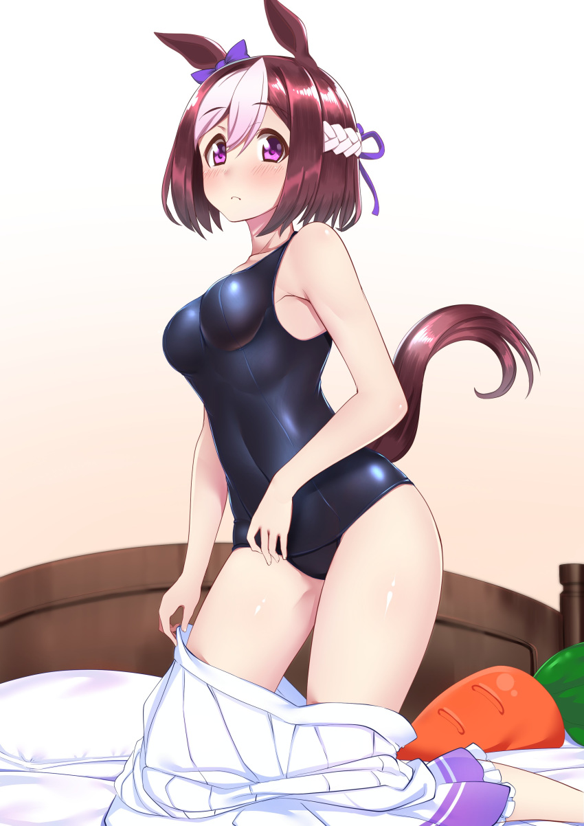 a9b_(louis814) absurdres animal_ears bed blue_one-piece_swimsuit brown_hair carrot commentary_request commission female full_body gradient_background highres horse_ears horse_girl horse_tail kneeling looking_at_viewer multicolored_hair one-piece_swimsuit pillow pleated_skirt school_swimsuit school_uniform skeb_commission skirt solo special_week_(umamusume) summer_uniform swimsuit tail tracen_school_uniform two-tone_hair umamusume undressing unworn_skirt white_hair white_skirt