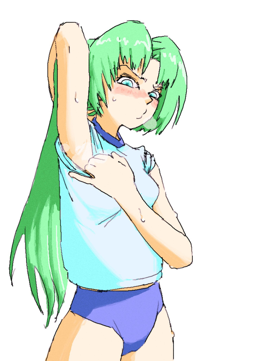 aqua_eyes arm_behind_head arm_up armpits bad_id bad_twitter_id blue_buruma blush breath buruma female green_hair gym_shirt gym_uniform hair_intakes highres higurashi_no_naku_koro_ni long_hair looking_at_viewer midriff_peek nose_blush oekaki pantsu-ripper ponytail presenting_armpit ringer_t-shirt shirt short_sleeves simple_background solo sonozaki_mion standing steaming_body sweat very_long_hair white_shirt